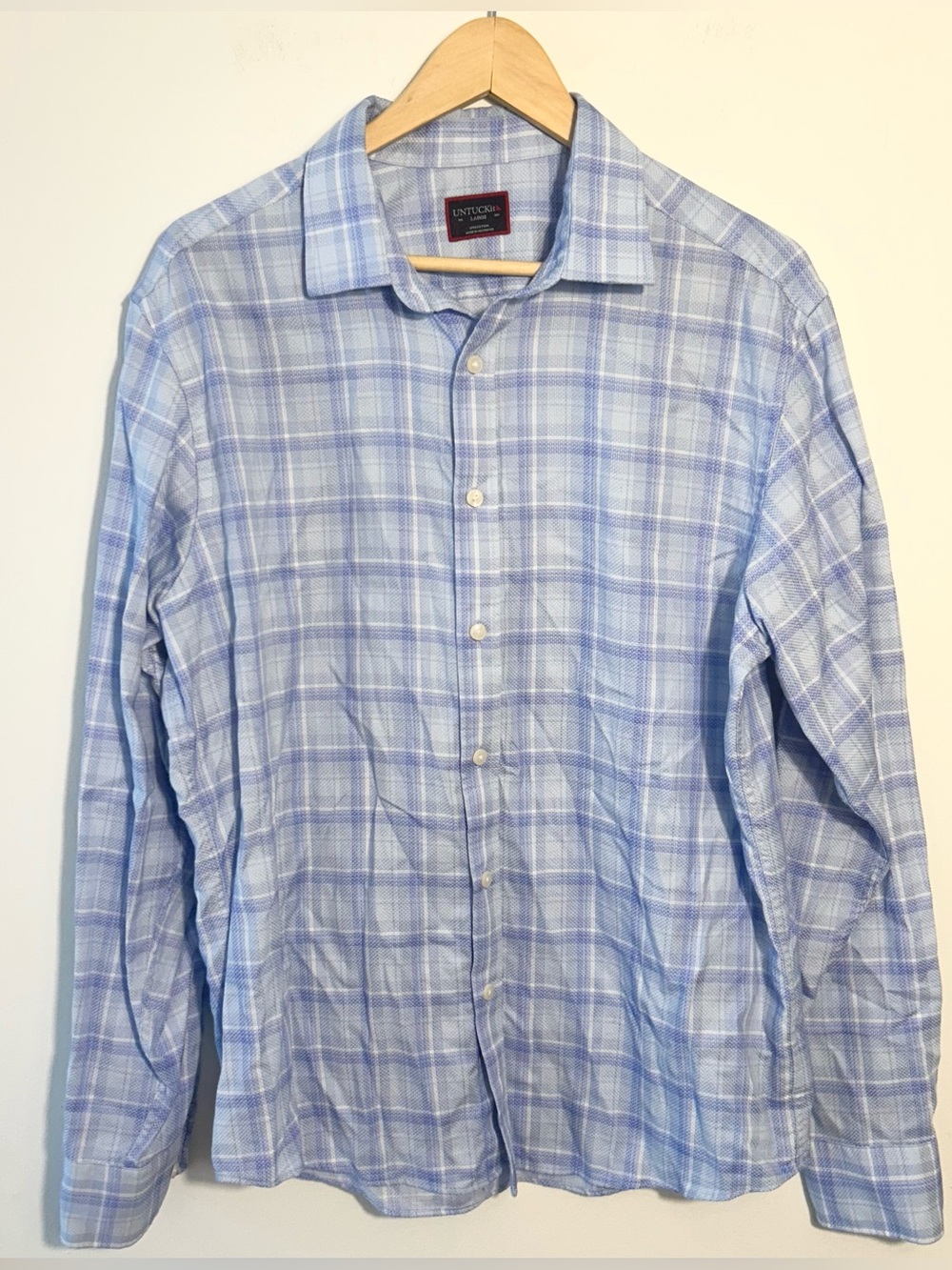 Untuckit Pinord Button Up Shirt Men’s Large Regular Fit Blue Plaid 100% Cotton